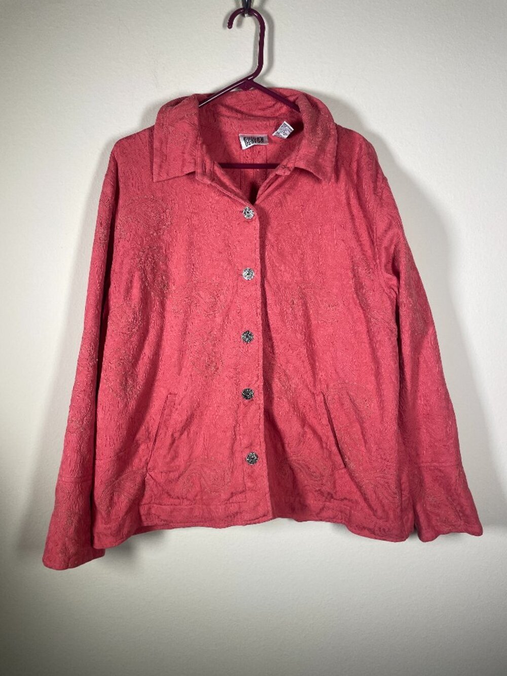 90's Vintage Chico's Design Coral Salmon Pink Embroidered Button Jacket 3 (XL)!